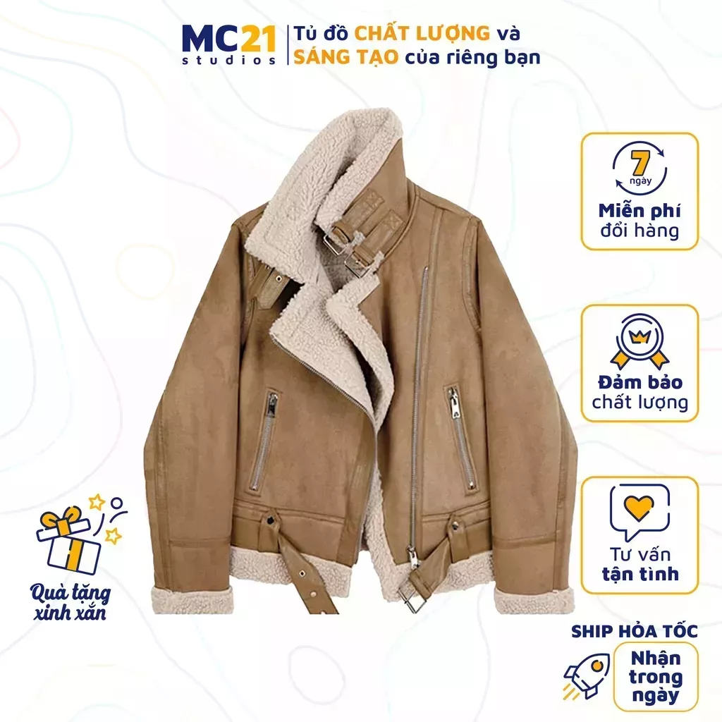 Áo khoác da lộn có đai MC21.STUDIOS lót bông jacket form rộng Unisex nam nữ phong cách Streetwear Ulzzang Hàn Quốc A3434