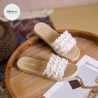 Dép cói đính ngọc trai thời trang đi biển, dép đi trong nhà đế bệt xu hướng thời trang mùa hè SPN23