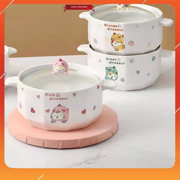 Nồi nấu mì, bát ăn mì hình khủng long dễ thương kèm nắp đậy tiện lợi.