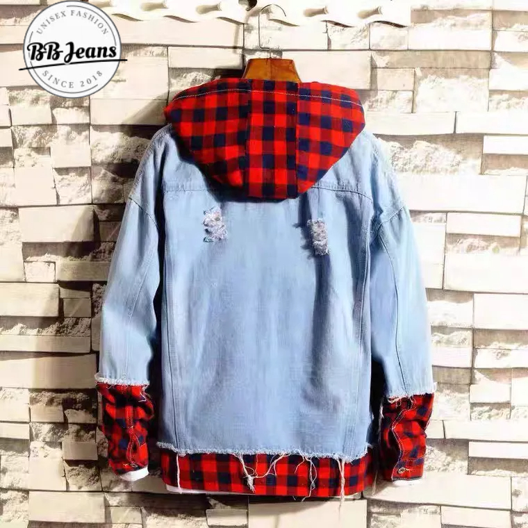 Áo khoác jean phối nón nỉ sơ mi đỏ - áo jean đen túi hộp nón nỉ xám FORM RỘNG size 40-75kg BB Jeans