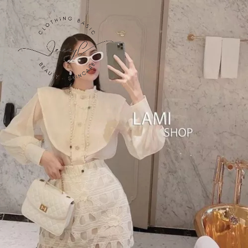 Set áo voan trắng kem tay dài cổ cánh sen dài chân váy chữ A phối ren