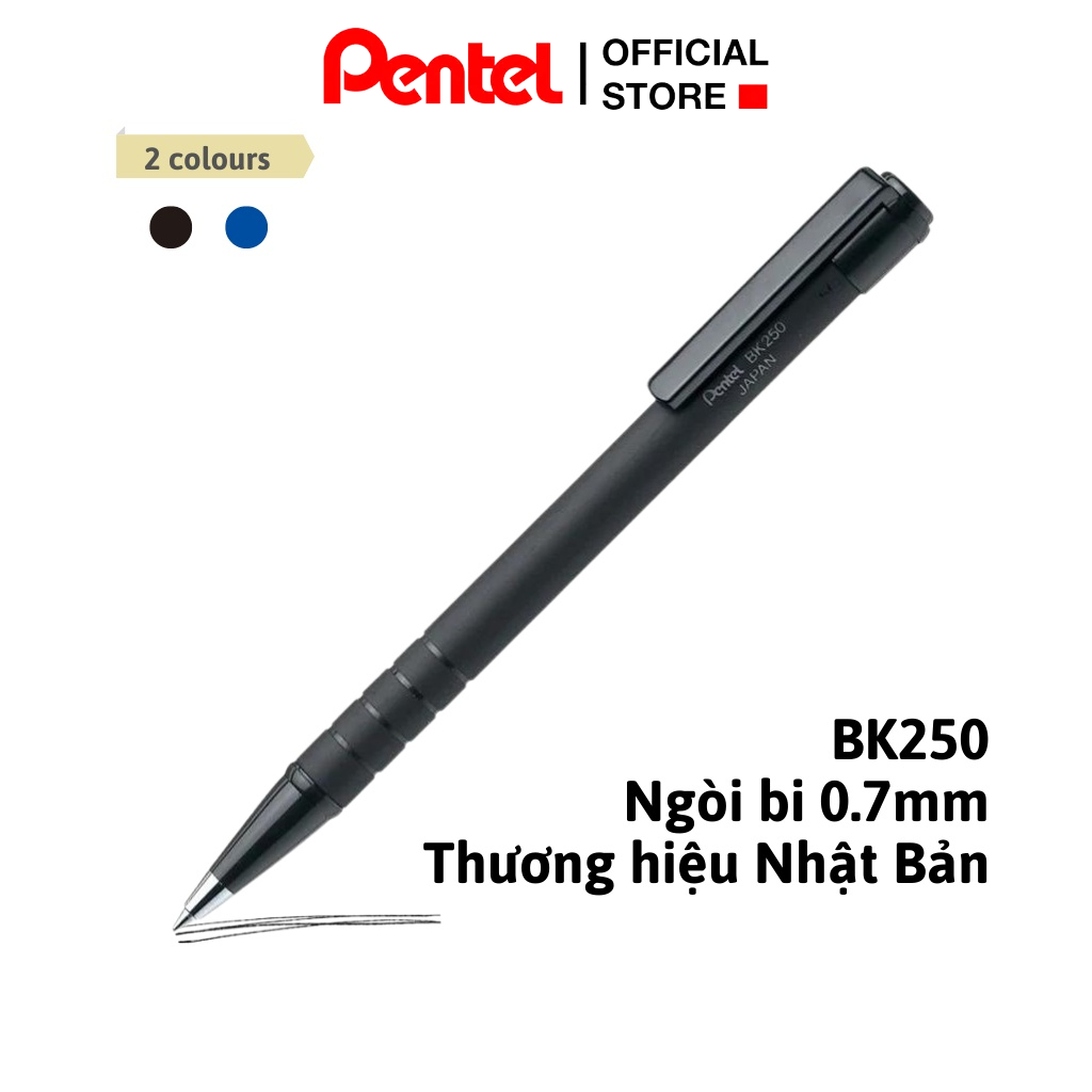 Bút Bi Nhật Bản Pentel BK250 Ngòi 0.7mm | Mực Êm Trơn | Vỏ Đen Cao Su Sang Trọng | Có Ngòi Thay Thế Xanh/ Đen Tiện Lợi |