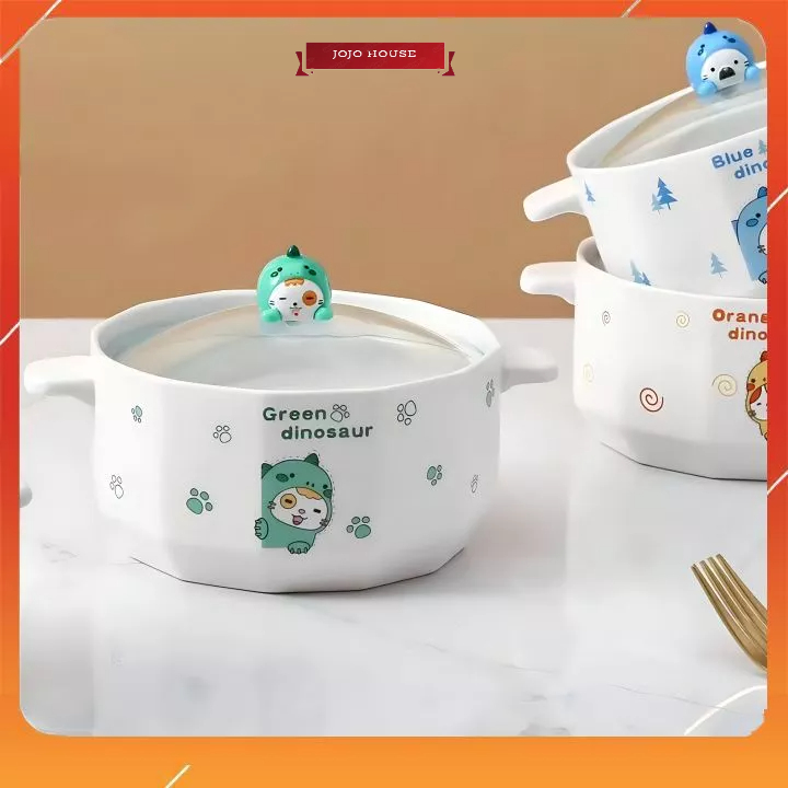 Nồi nấu mì, bát ăn mì hình khủng long dễ thương kèm nắp đậy tiện lợi.