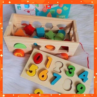 Bộ đồ chơi gỗ xe cũi thả số, thả hình khối và ghép số bằng gỗ cho bé - Đồ chơi trí tuệ