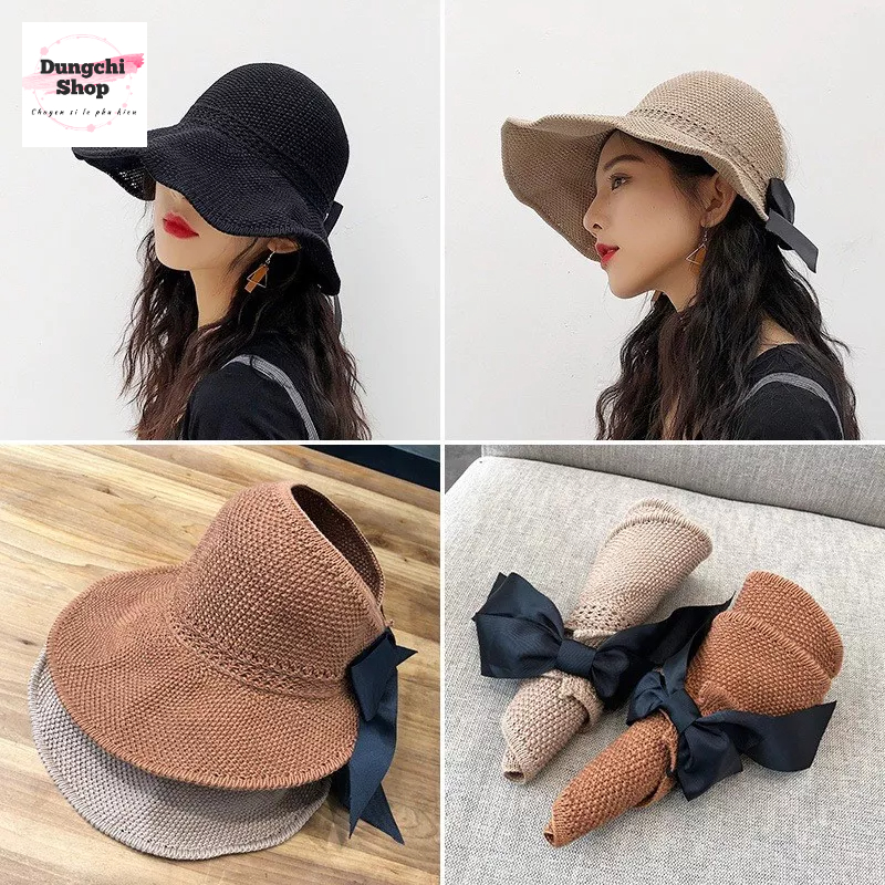 Mũ cói, nón cói mềm hở chóp nơ sau siêu xinh