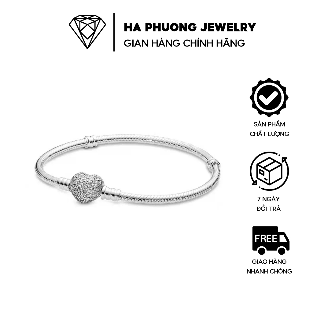 Vòng tay Pandora chốt hình trái tim chuỗi rắn bạc s925 cao cấp