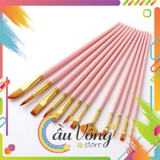 Bộ Cọ 12 Cây 😍 Chuyên Dụng Cao Cấp Để Tô Vẽ Tranh Sơn Dầu, Màu Nước, Màu Acrylic (Màu Hồng)