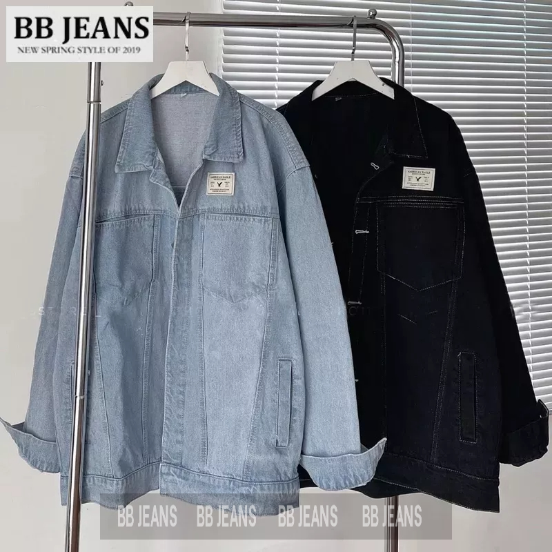 Áo Khoác jeans trơn v3 có 2 túi hộp form rộng nam nữ màu Xanh/ Đen unisex BB JEANS