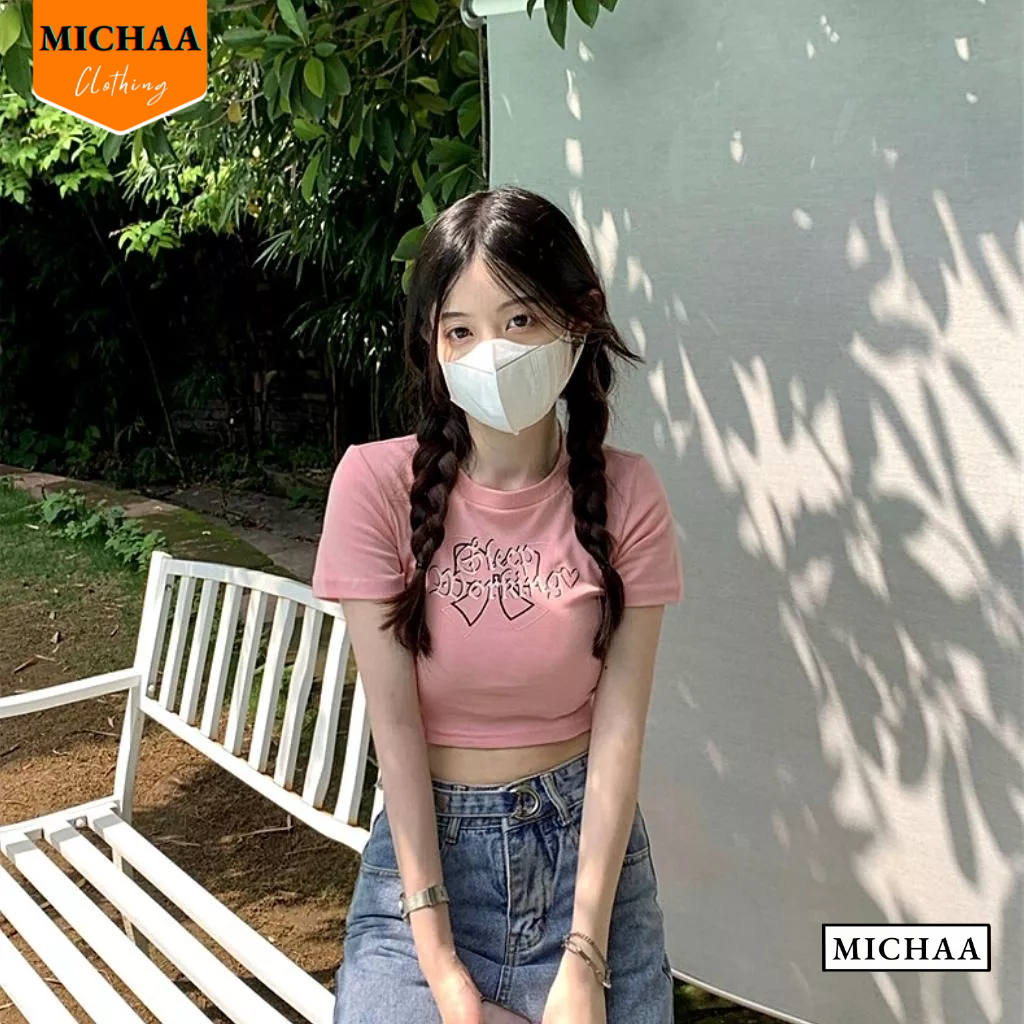 Áo Croptop Ôm Body IN CHỮ ĐAN DÂY SAU Cổ Tròn Tay Ngắn, Áo Thun Croptop Kiểu Đẹp - MICHAA CR110