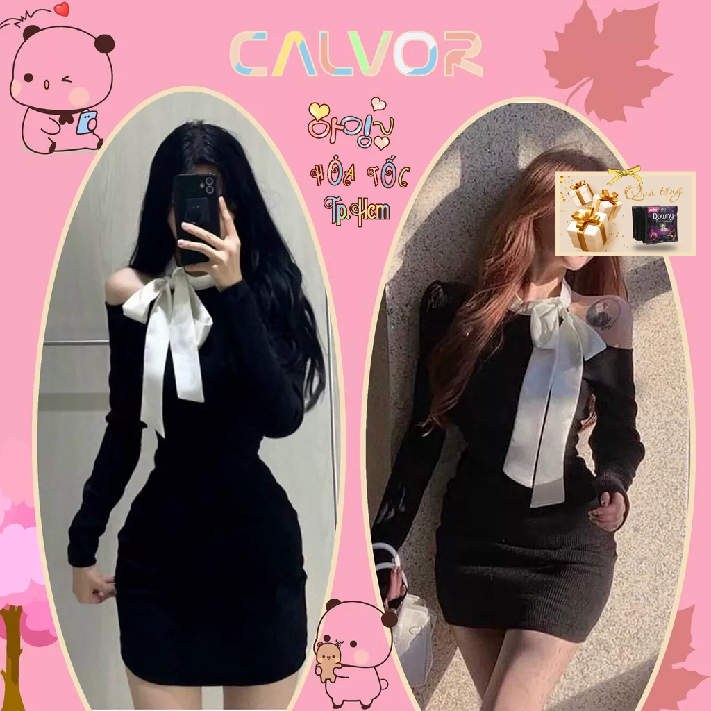 Đầm body trễ vai, tay dài phối nơ