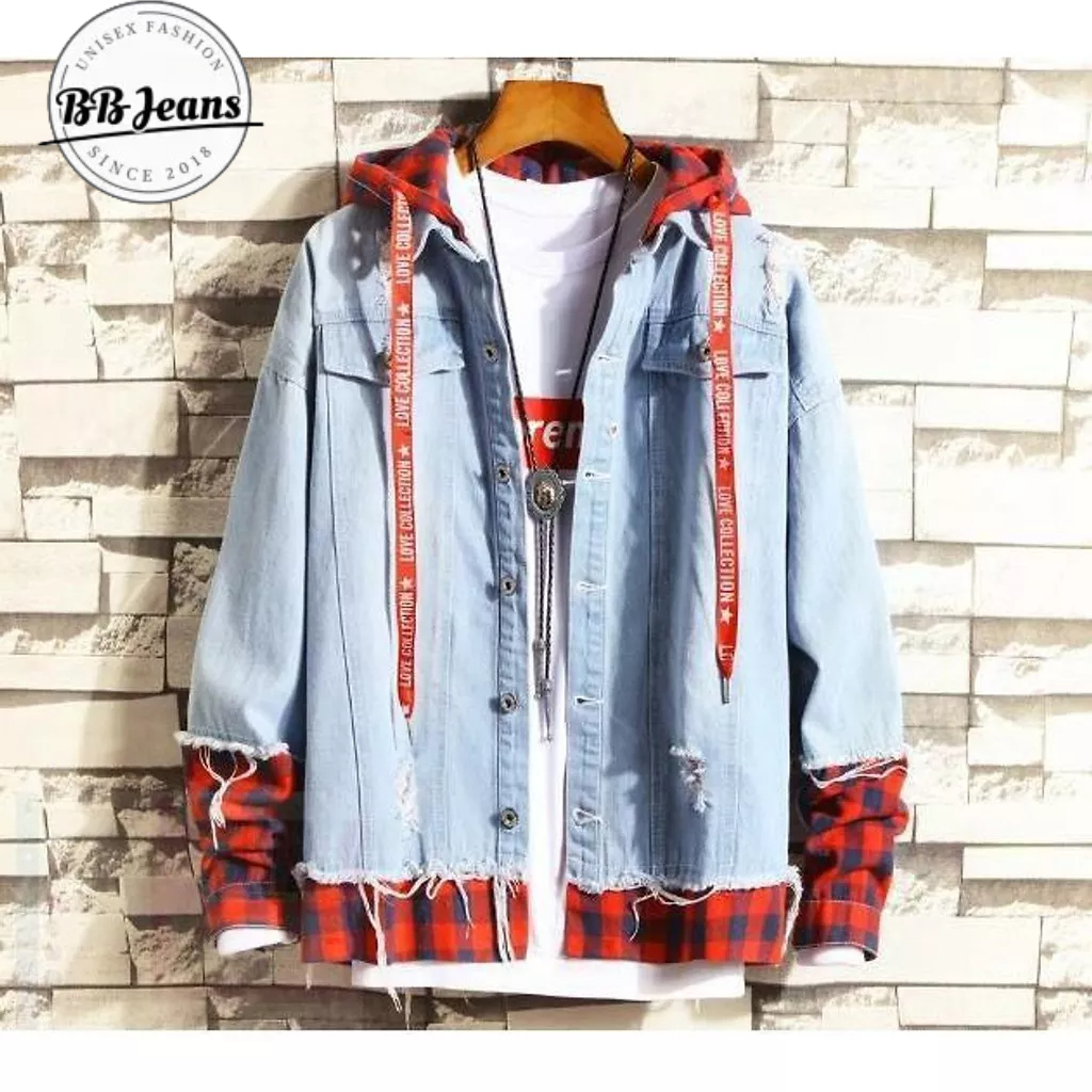 Áo khoác jean phối nón nỉ sơ mi đỏ - áo jean đen túi hộp nón nỉ xám FORM RỘNG size 40-75kg BB Jeans