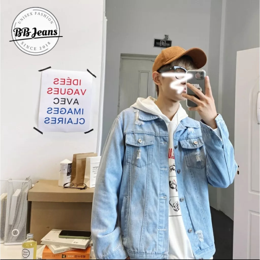 Áo khoác jean nam nữ xanh kinh điển Basic nhạt - đậm - áo jean unisex xanh rách BB Jeans FORM RỘNG  40-85kg