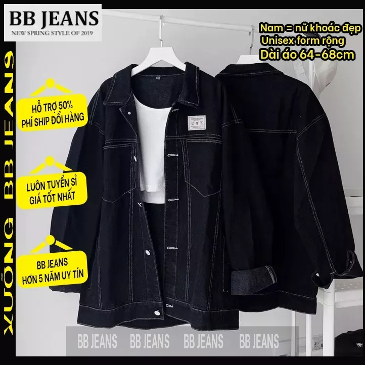 Áo Khoác jeans trơn v3 có 2 túi hộp form rộng nam nữ màu Xanh/ Đen unisex BB JEANS