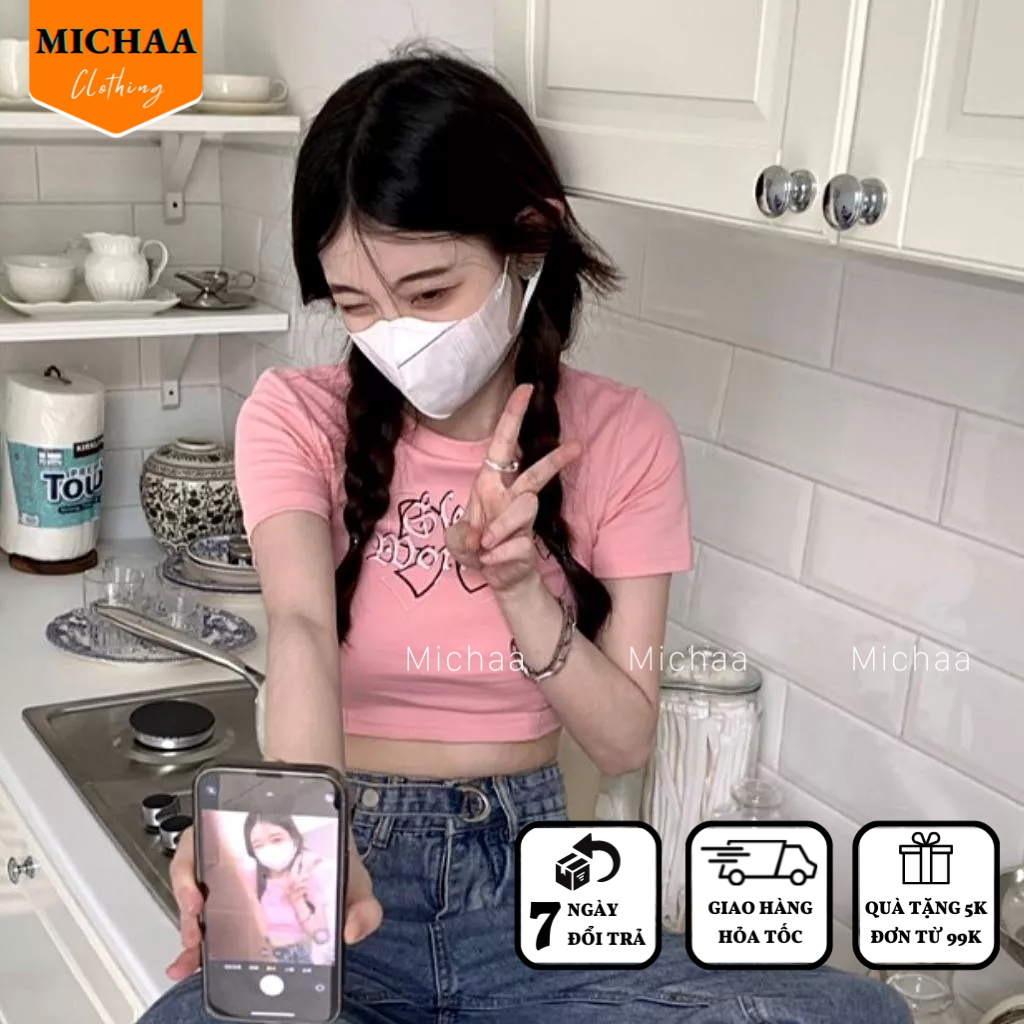Áo Croptop Ôm Body IN CHỮ ĐAN DÂY SAU Cổ Tròn Tay Ngắn, Áo Thun Croptop Kiểu Đẹp - MICHAA CR110