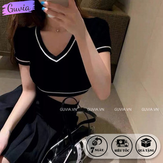 Áo Croptop CỔ TIM PHỐI VIỀN Ôm Body Đẹp, Áo Thun Croptop Trơn Chất Thun Gân Basic GUVIA CR103