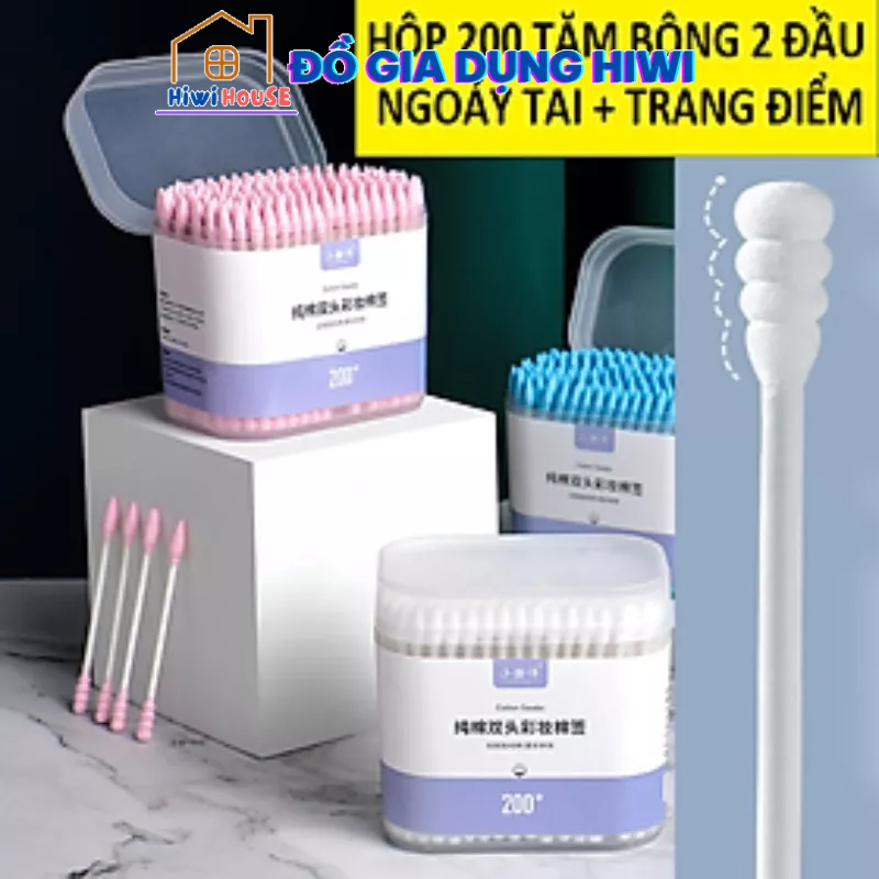 [Hàng mới về] Hộp 200 tăm bông hai đầu dùng một lần dùng khi trang điểm-vệ sinh tai, mũi