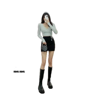 Áo croptop tay dài đắp chéo ngực , cột nơ ngay eo