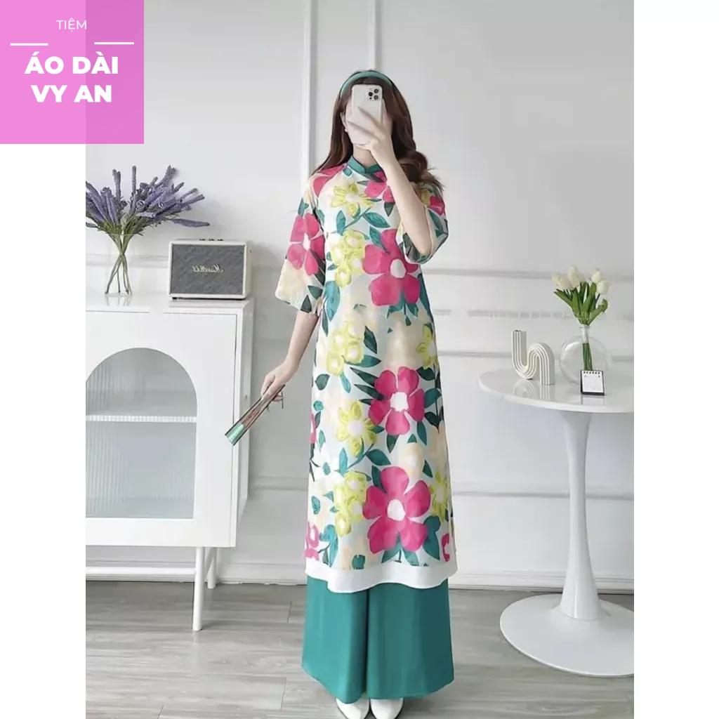 áo dài dáng xuông chất liệu voon ép tà lỡ họa tiết cỏ hoa lá kèm quà tặng du xuân hàng loại 1 vyan 2023