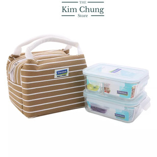 Bộ hộp cơm thủy tinh Glasslock 710ml + 670ml chia ngăn + túi giữ nhiệt Hàn Quốc