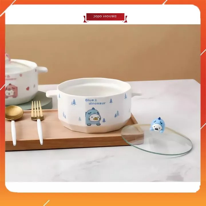 Nồi nấu mì, bát ăn mì hình khủng long dễ thương kèm nắp đậy tiện lợi.