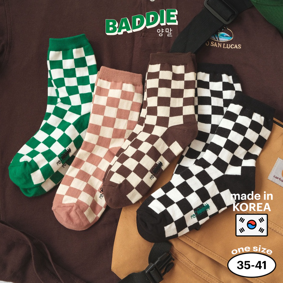 CHECKERBOARD - Tất vớ cao cổ unisex kẻ caro vuông trendy, chất cotton dày, nhập khẩu Hàn Quốc