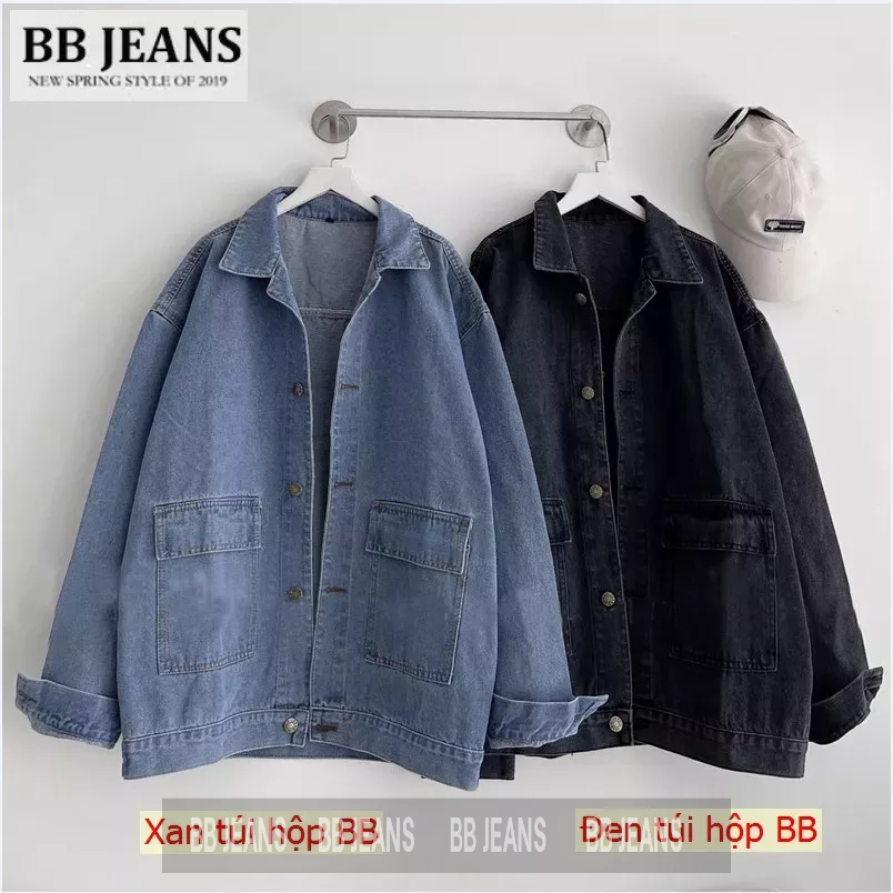 Áo Khoác jeans trơn v3 có 2 túi hộp form rộng nam nữ màu Xanh/ Đen unisex BB JEANS