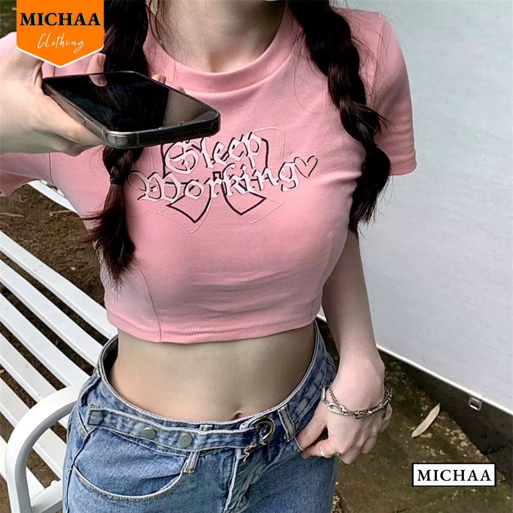 Áo Croptop Ôm Body IN CHỮ ĐAN DÂY SAU Cổ Tròn Tay Ngắn, Áo Thun Croptop Kiểu Đẹp - MICHAA CR110