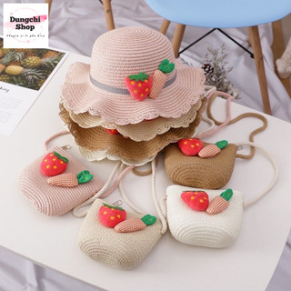 Set túi mũ cói và túi cói dâu tây dễ thương cho bé