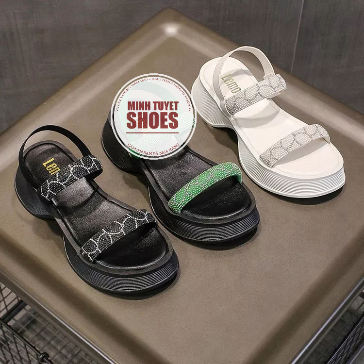 giày sandal quai hậu minhtuyetshoes quai ngang đính đá xoàn đế xuồng 5cm mang đi học,đi biển hè 2023