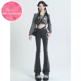 Quần jean ulzzang ống loe phối đai -