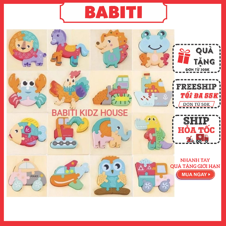 Đồ chơi Tranh ghép hình 3D nổi bằng gỗ puzzle nhiều hình ảnh đa dạng màu sắc kích thích thị giác và khả năng quan sát ch