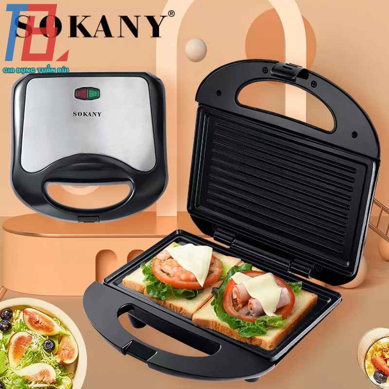 Máy làm bánh Sokany KJ-105 làm bánh hotdog hoặc kẹp sandwich công suất 750W chống dính tốt có đèn báo sáng