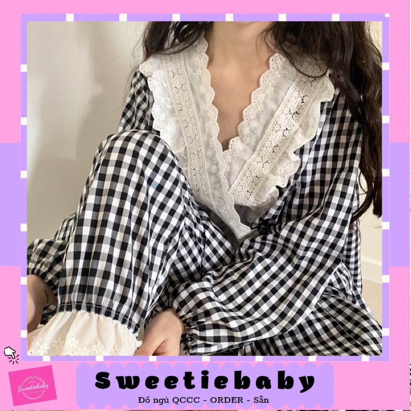 SET BỘ PIJAMA ĐIỆU ĐÀ KẺ CARO BUỘC CHÉO VIỀN REN TRẮNG rẻ nhất shopee