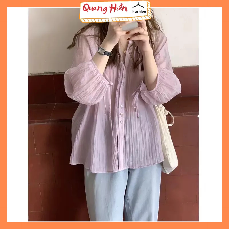 Áo sơ mi voan đũi nhăn cổ tim tay nơ dễ thương MS672