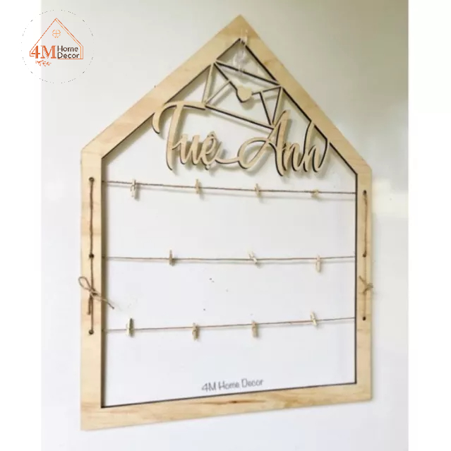 Khung ảnh gỗ lưu trữ hình ảnh, giấy ghi nhớ hình ngôi nhà decor xinh xắn (Cắt tên theo yêu cầu)