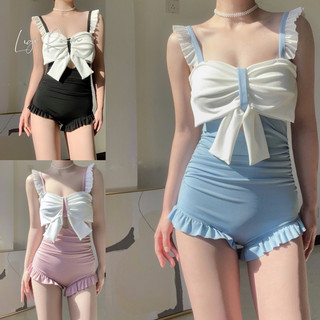 Bikini 2 dây liền thân 1 mảnh màu hồng cổ nơ, đồ bơi sexy màu xanh khoét lưng