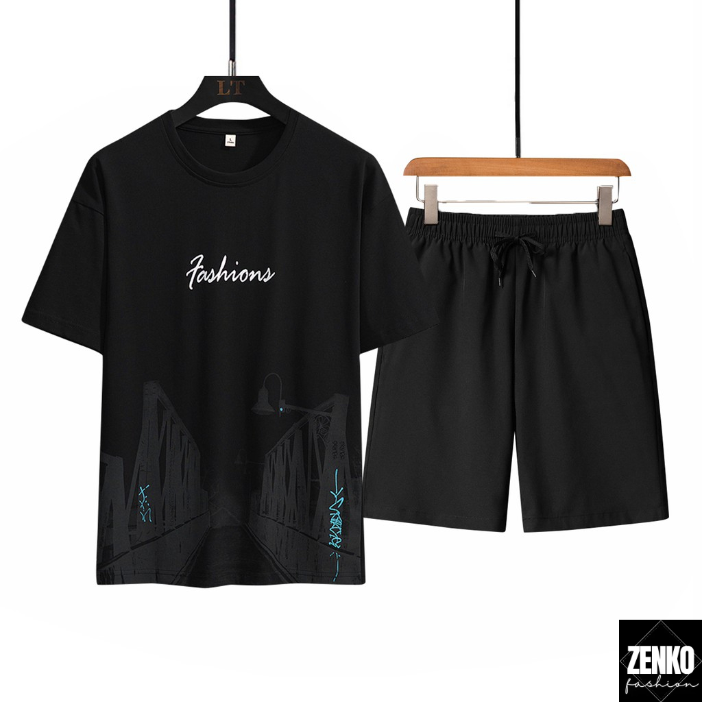 Combo Bộ Quần Áo Hè Thun Nam Áo Tay Ngắn Cổ Tròn Cầu Trong Đêm Phối Quần Short Đùi Zenkonam MEN TOP 203 + SHORTS 050