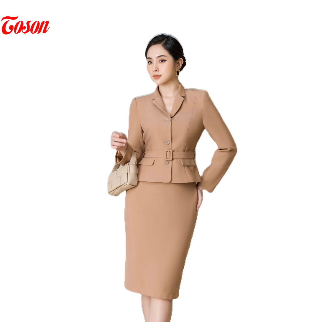Bộ Vest Be: Áo cổ K thắt đai eo + Chân váy ôm TOSON B8357E31