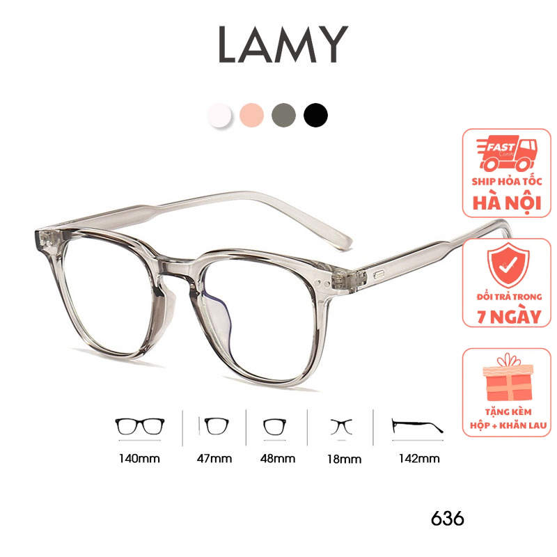 Gọng kính cận vuông 636 chất liệu nhựa màu trong suốt mắt kính nam nữ LAMY