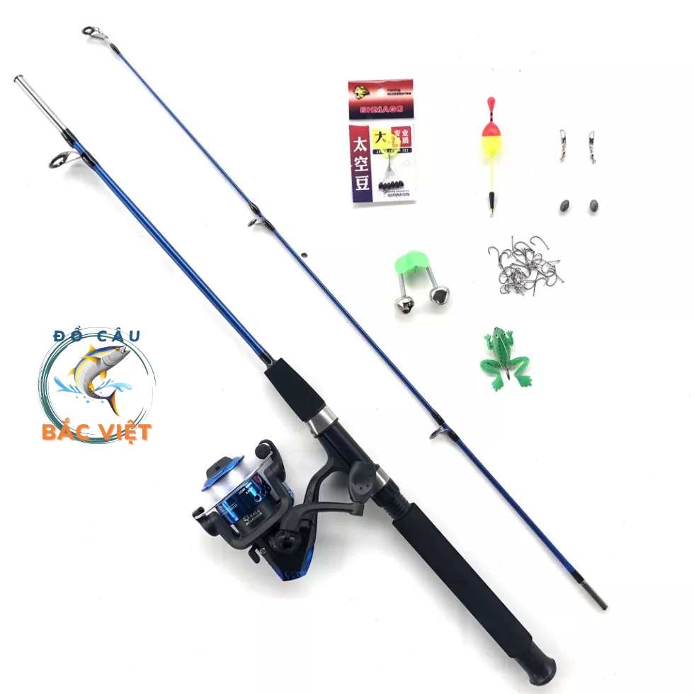 Bộ cần câu 2 khúc đặc đen Shimano máy YF2000 Đồ Câu Bắc Việt kèm phụ kiện đầy đủ