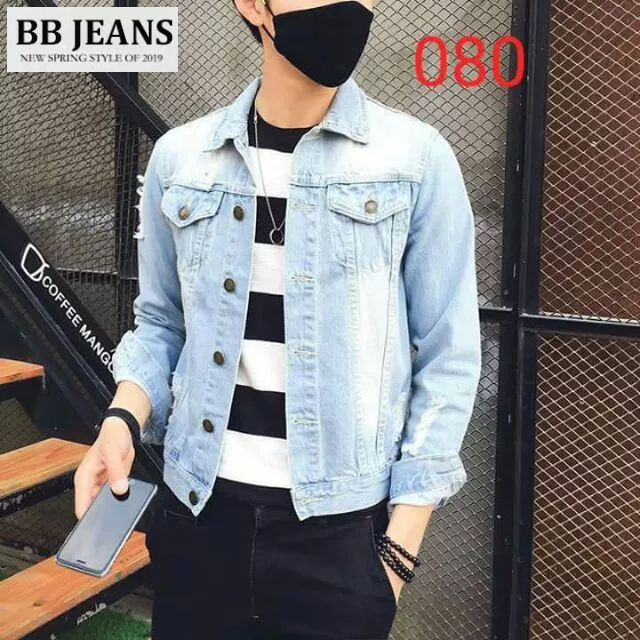 Áo khoác jean nam form body suông xanh rách 5030 cực đẹp - style PM chuẩn dáng size 40-75kg BB Jeans