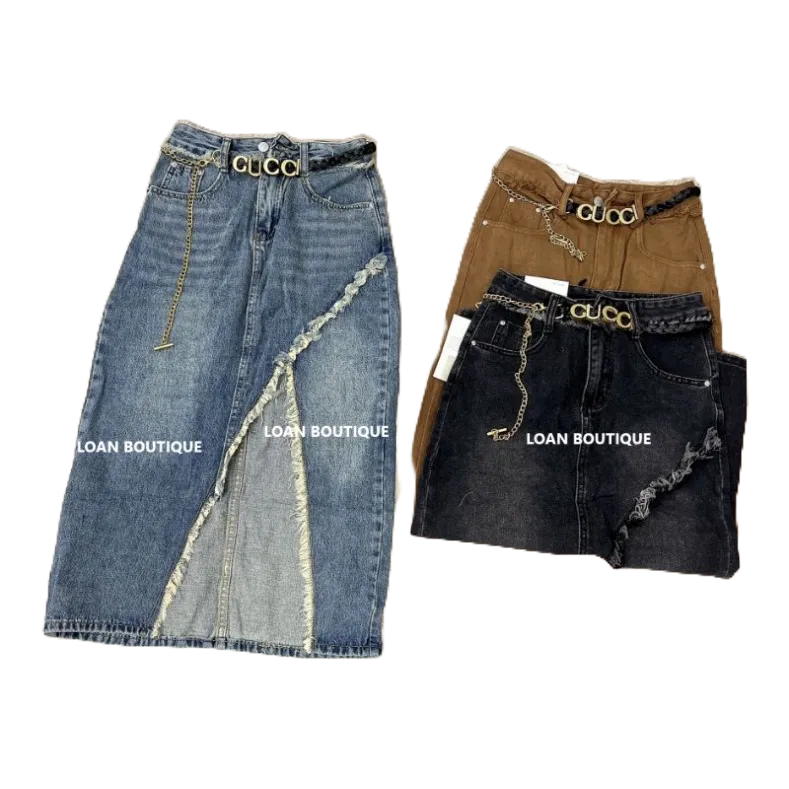 Chân váy jean dài xẻ tà ziczac tua rua kèm đai đẹp_chân váy bò dài kiểu