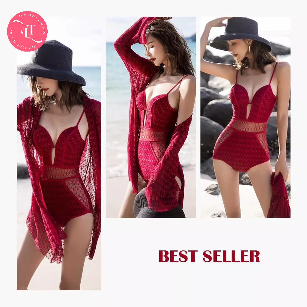 Bikini đi biển liền thân ren bi SIÊU SANG CHẢNH kèm áo khoác xinh xắn, tôn dáng, che khuyết điểm tuyệt đối