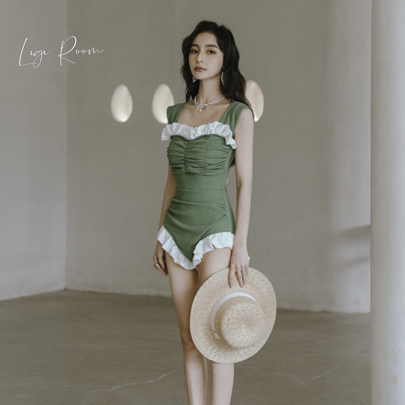 Bikini 2 dây màu xanh phối bèo, đồ bơi liền thân 1 mảnh khoét lưng sexy