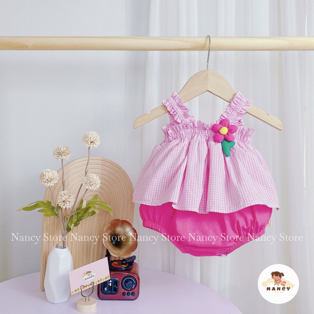 Đồ sơ sinh bé gái, váy bé gái mùa hè 0-12 tháng màu hồng họa tiết kẻ caro đính hoa cho bé gái từ 5-13kg - NANCY STORE