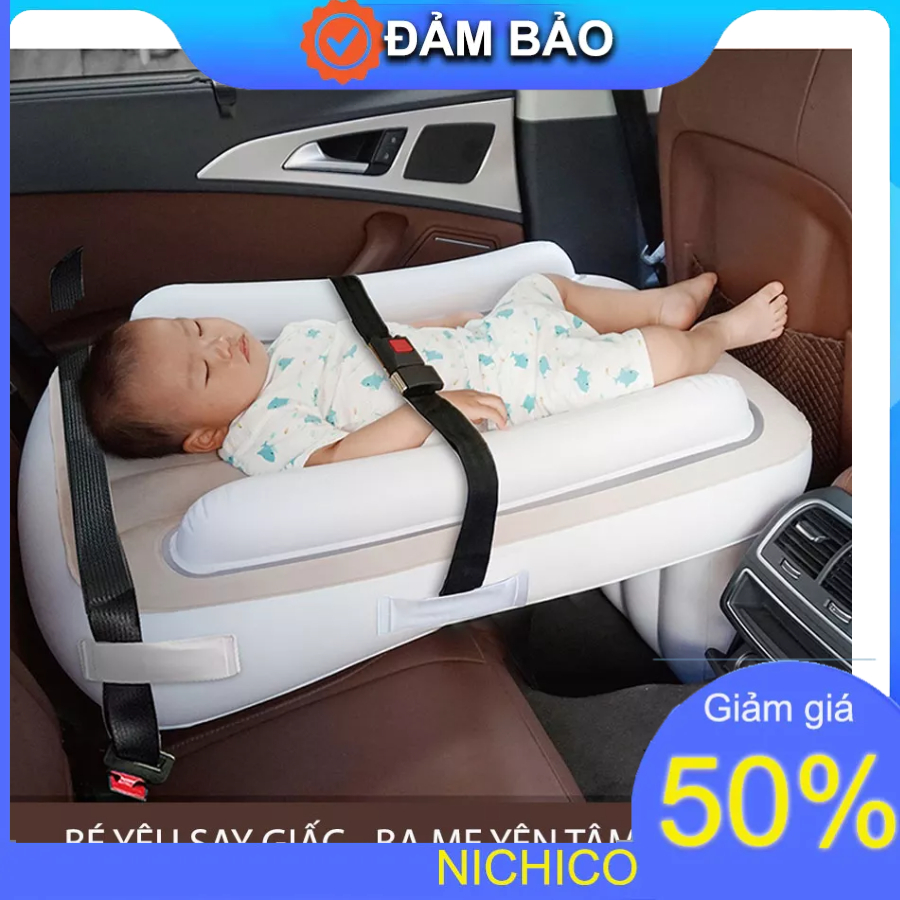 Đệm hơi ô tô cho bé ngủ một mình, Nệm hơi ngủ trên xe dây đai an toàn , Đệm giường ngủ cho trẻ có thanh chăn và chân đỡ