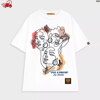 Áo thun tay lỡ áo phông trơn unisex phom rộng trẻ trung in hình 3 khuôn mặt trừu tượng Peu D'amour và in chữ sau lưng