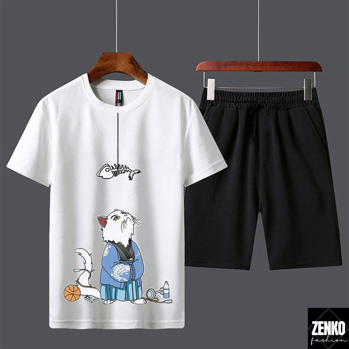 Combo Bộ Quần Áo Hè Thun Nam Áo Tay Ngắn Cổ Tròn Mèo Phối Quần Short Đùi Zenkonam MEN TOP 136 + SHORTS 050