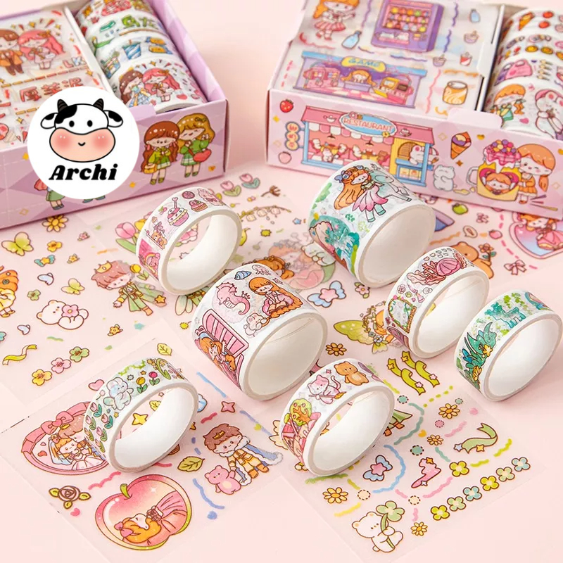 Hộp 8 món băng keo dính Washi tape + sticker dán trang trí sổ lưu niệm DIY hoa tiết hoạt hình cute