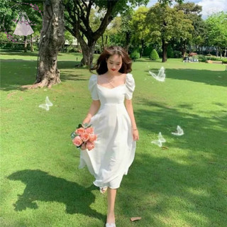 Đầm thiết kế phối dây cổ cổ vuông tay bồng dáng xoè đi tiệc dạo phố